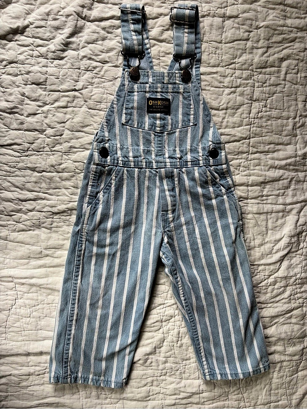 Vintage 1980s OshKosh B'Gosh Blue and White Striped Denim Overalls 2T